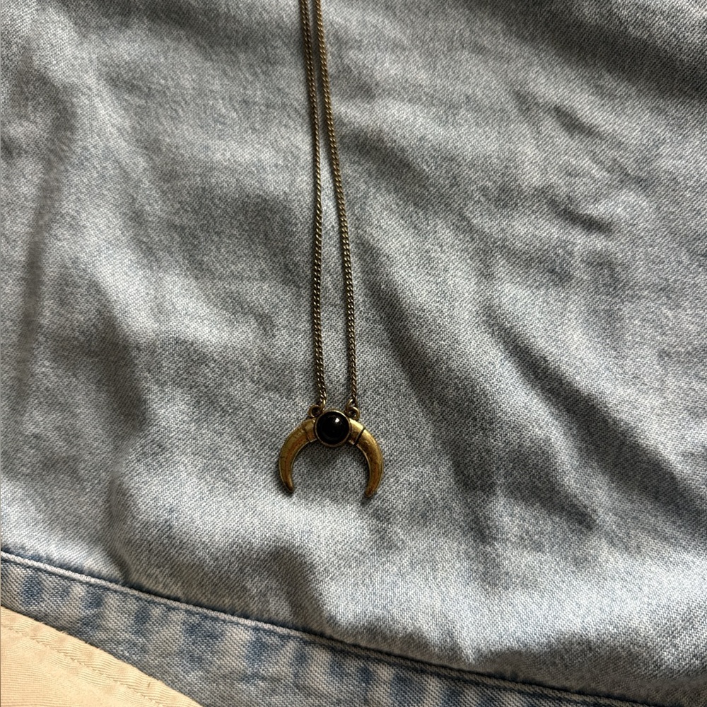 Gold Crescent Moon Pendant Necklace with Black Stone